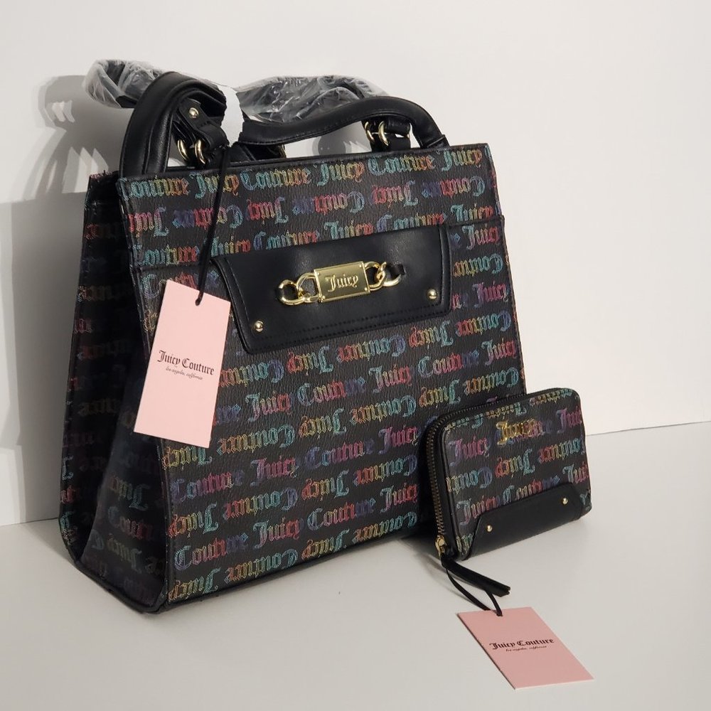 NWT Juicy Couture Black Multi Off the Chain Tote & Med Zip Wallet Set $128